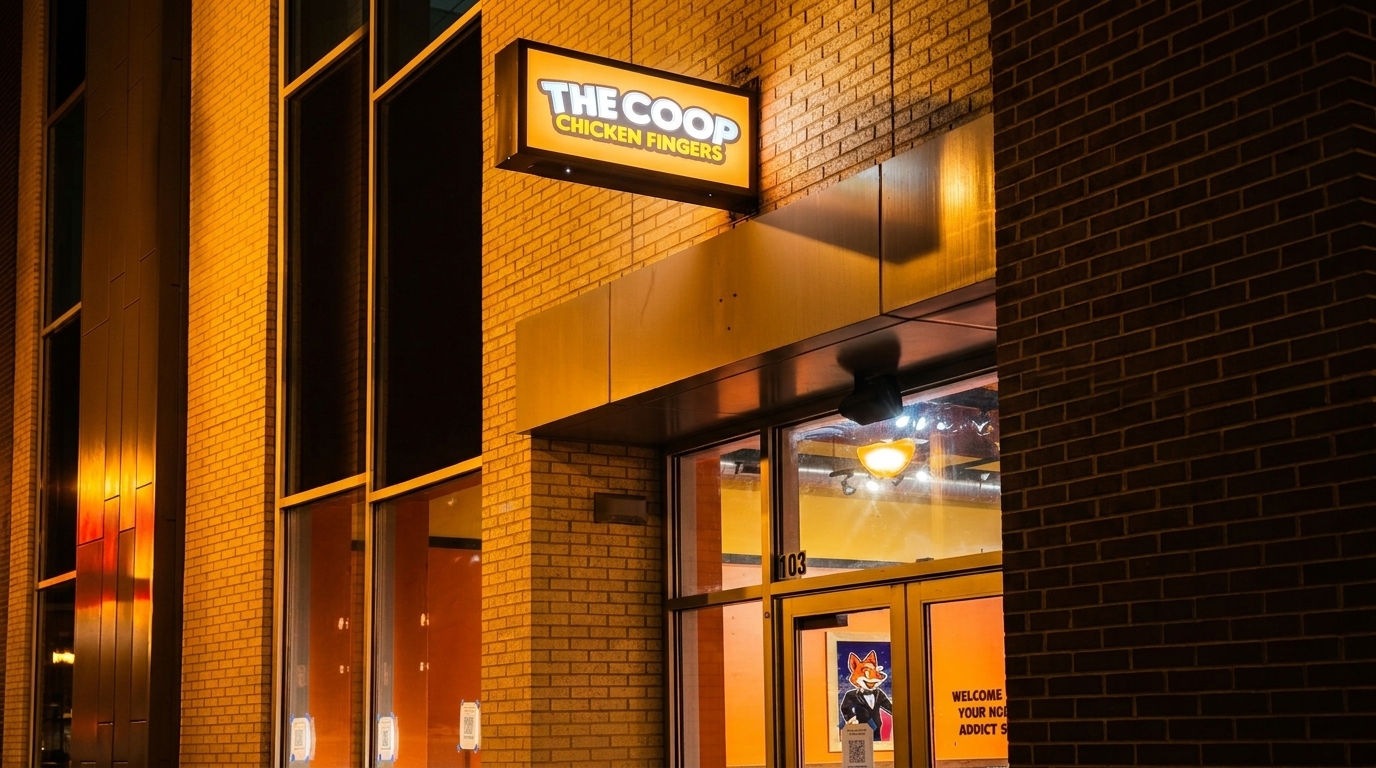 Exterior of The Coop Chicken Fingers restaurant at night, with a glowing sign and warm interior lights.