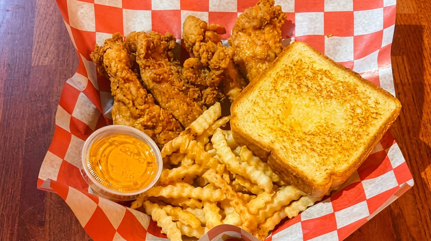 Crispy chicken tenders, crinkle-cut fries, Texas toast, and dipping sauce in a red checkered basket.