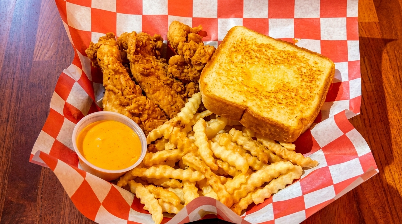 Crispy chicken tenders, crinkle-cut fries, Texas toast, and dipping sauce in a red checkered basket.