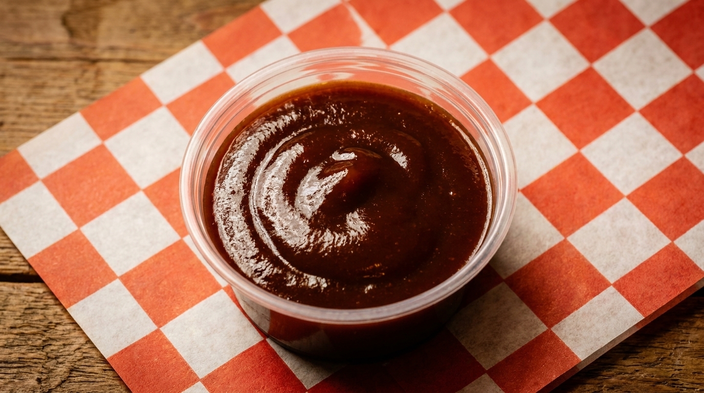 A small plastic cup of dark brown barbecue sauce sits on a red and white checkered paper.