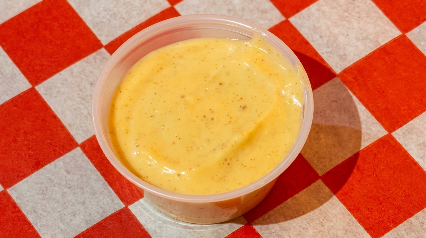 Small plastic cup of creamy yellow sauce with spices, on red and white checkered paper.
