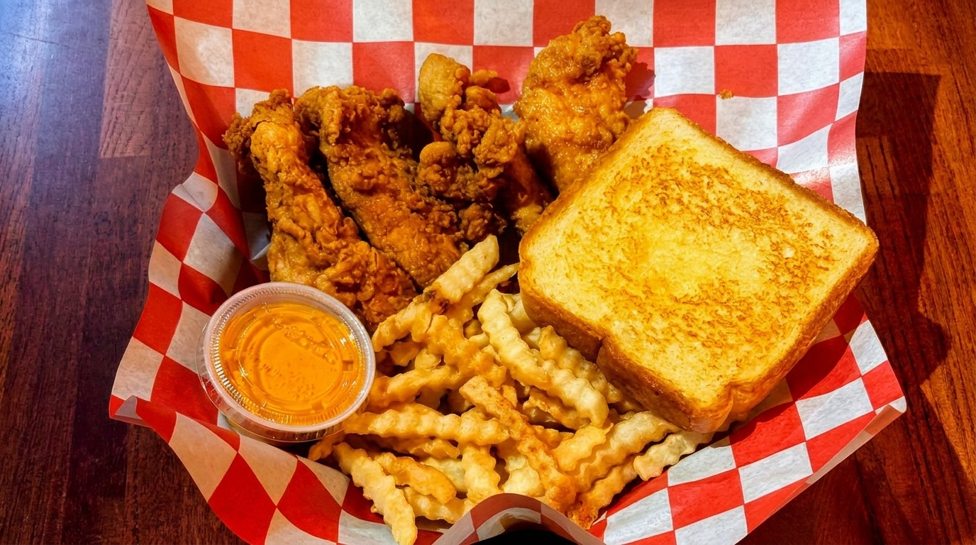 Crispy fried chicken tenders, crinkle-cut fries, Texas toast, and dipping sauce in a checkered basket.