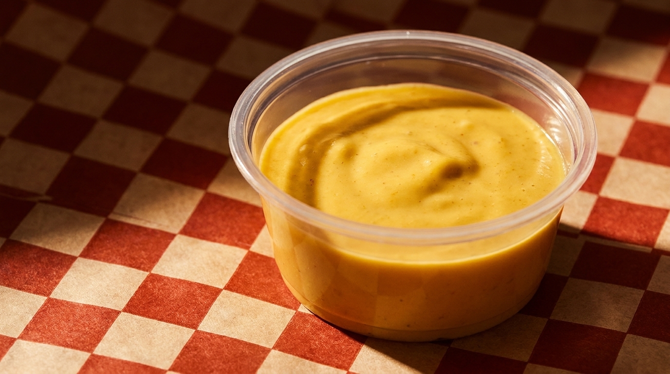 A small clear plastic cup of golden honey mustard sauce on a red and white checkered paper.