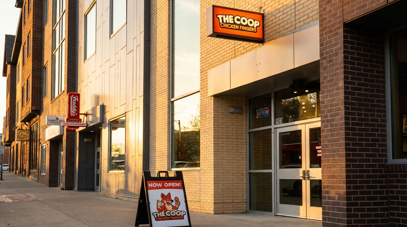 The Coop Chicken Fingers restaurant exterior with a "Now Open!" sign on the sidewalk at sunset.