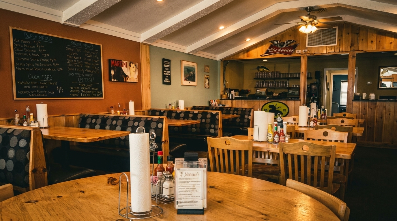 Interior of Martonie's restaurant with wooden tables, patterned booths, and a chalkboard menu.