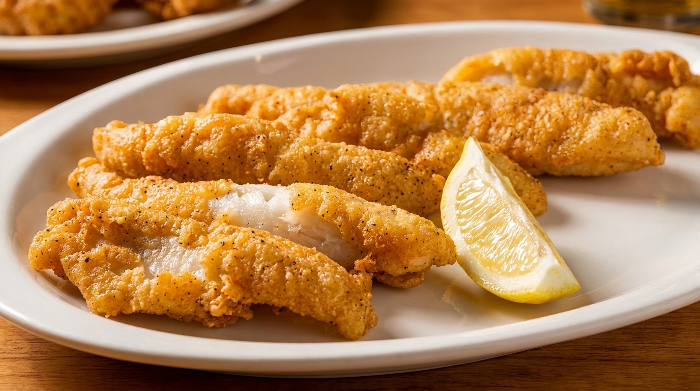 Golden-brown fried fish fillets with a lemon wedge on a white oval plate.