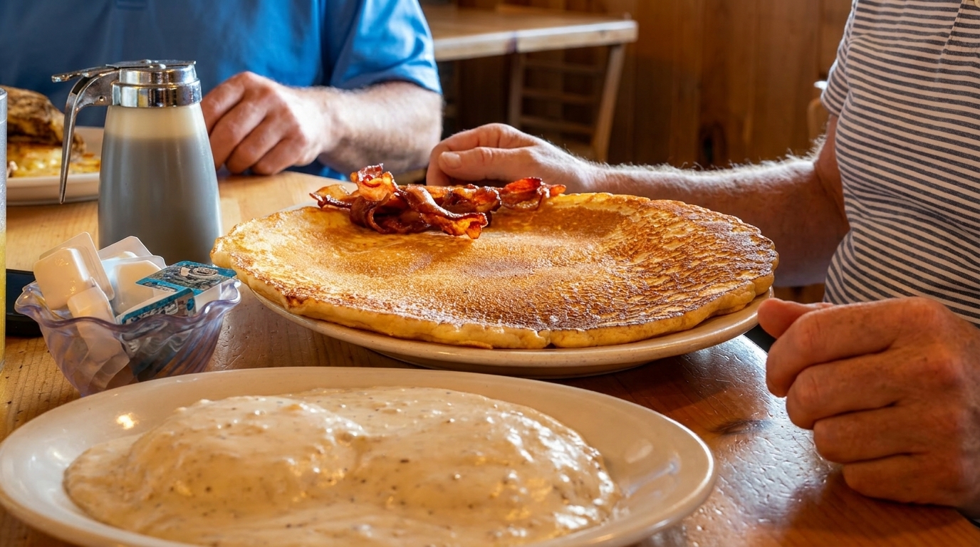 A large pancake with bacon, a plate of biscuits and gravy, and a syrup dispenser on a wooden table.