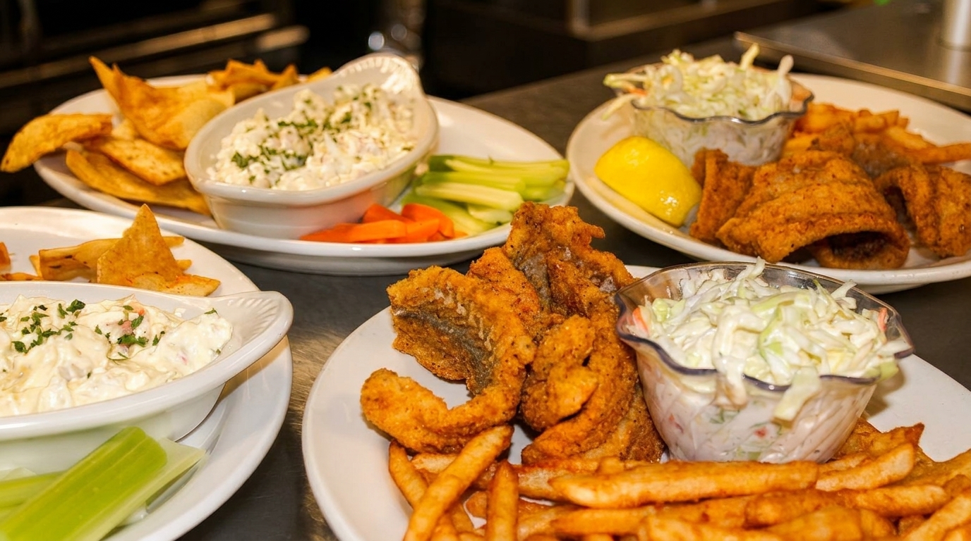 Plates of fried fish, french fries, coleslaw, and dip with pita chips and vegetables.