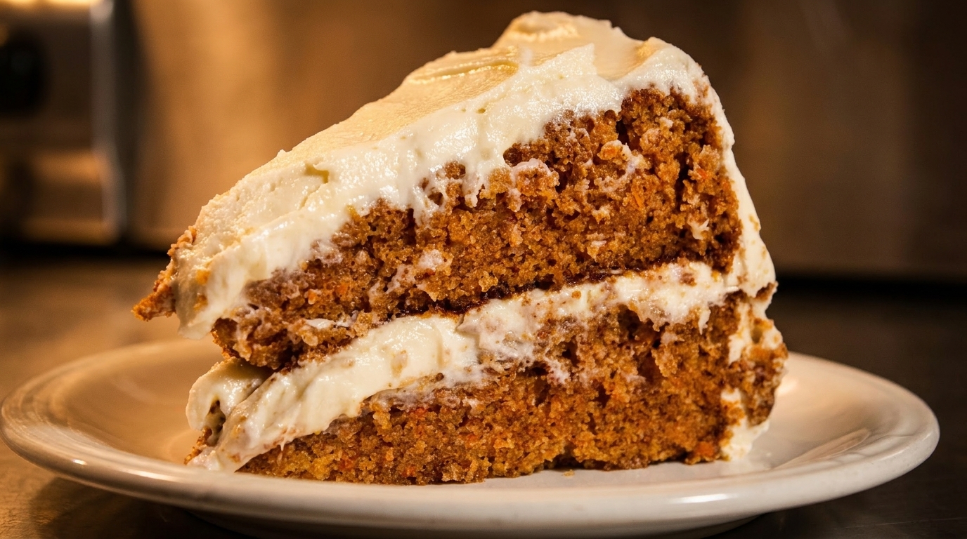 A slice of carrot cake with white cream cheese frosting on a white plate.