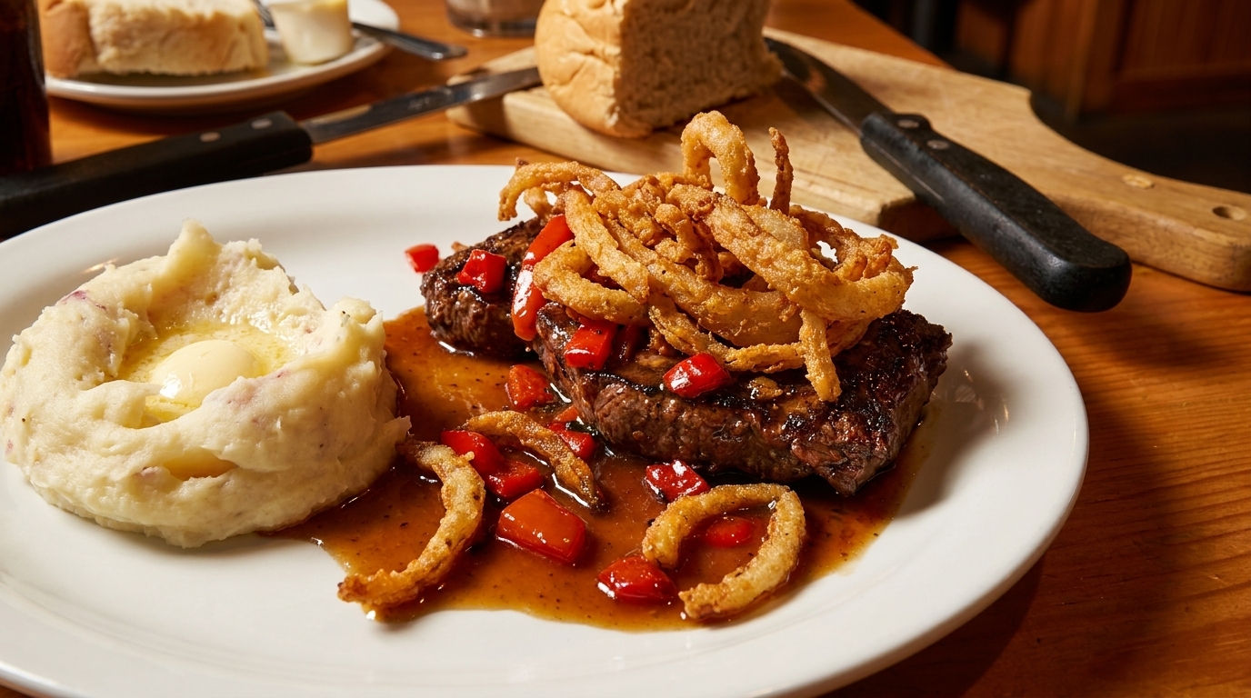 Steak topped with fried onion rings and red peppers, served with mashed potatoes and butter.