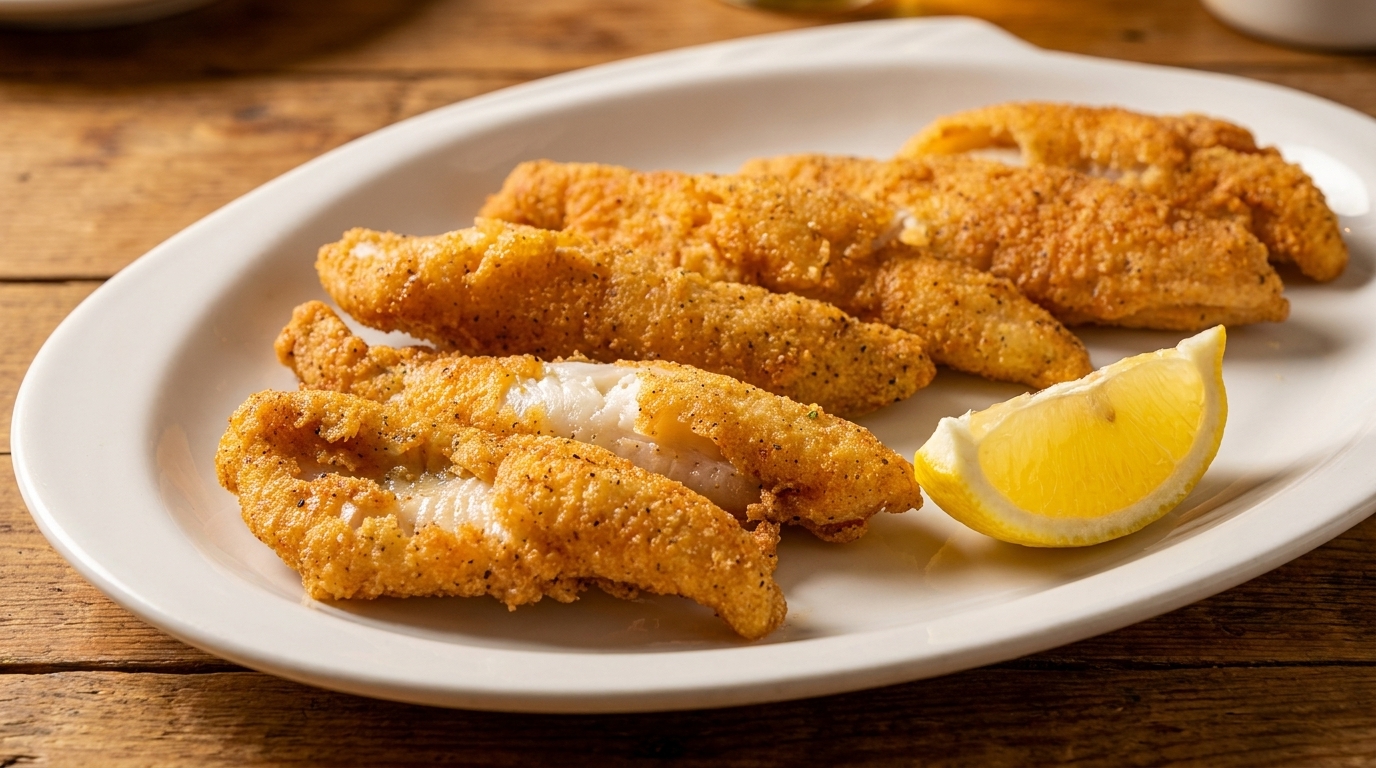 Crispy fried fish fillets with a lemon wedge on a white oval plate on a wooden table.