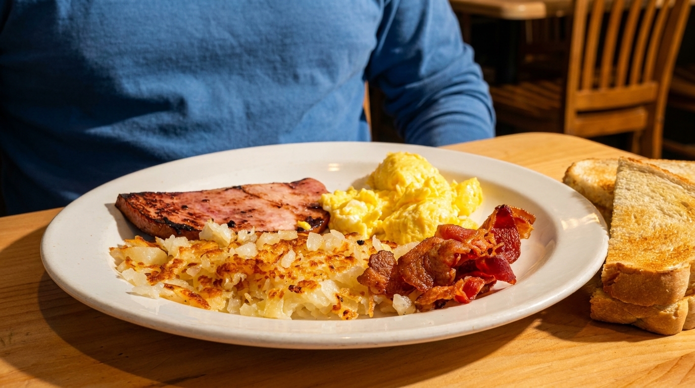 A breakfast plate with ham, scrambled eggs, hash browns, bacon, and toast on a wooden table.