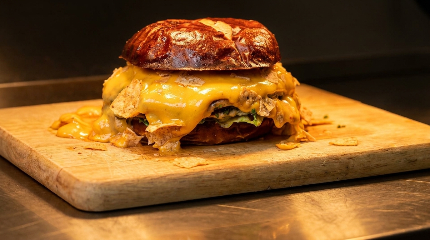 A cheesy burger with tortilla chips on a pretzel bun, served on a wooden cutting board.