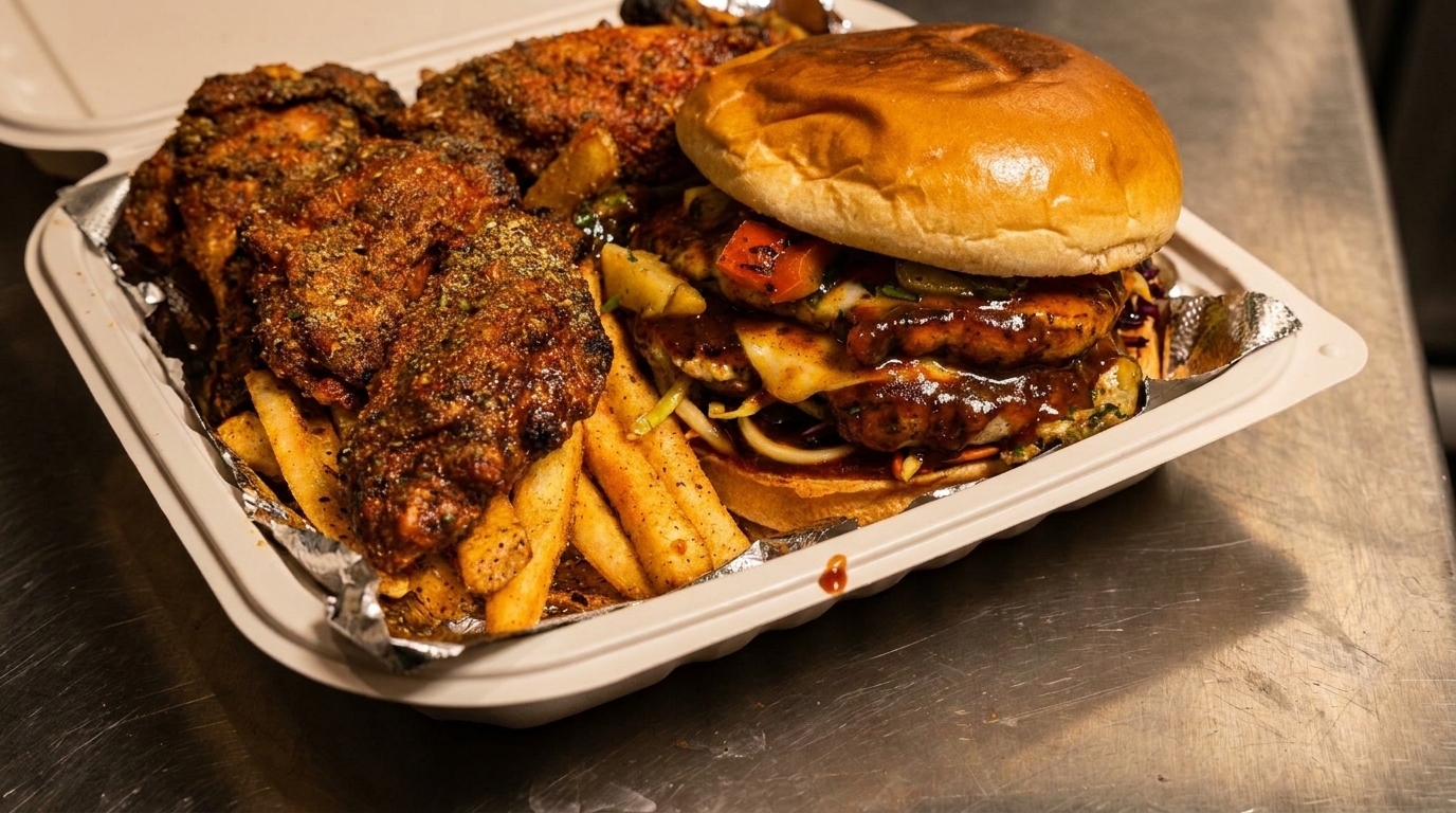 A takeout container filled with seasoned fried chicken, french fries, and a large burger.