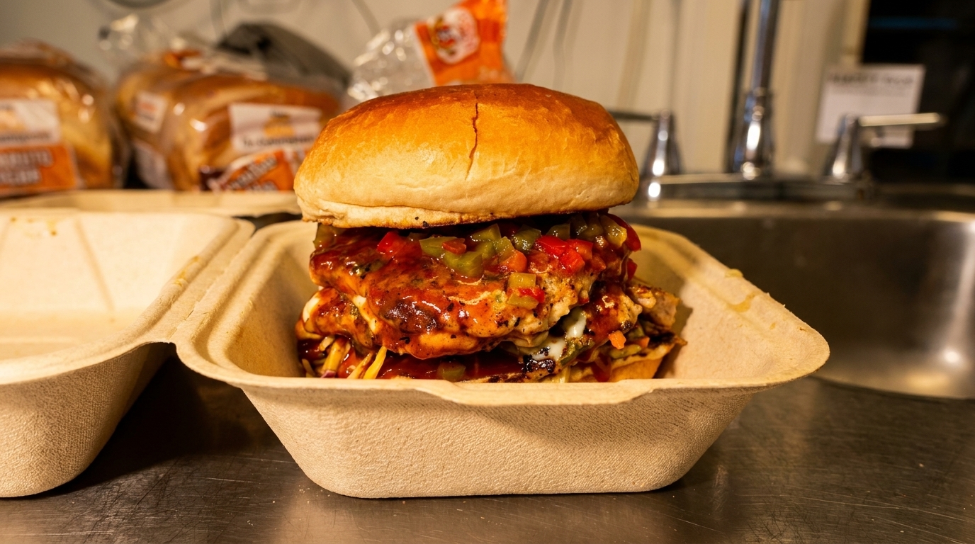 A large, saucy burger with colorful relish in a takeout container on a metal counter.