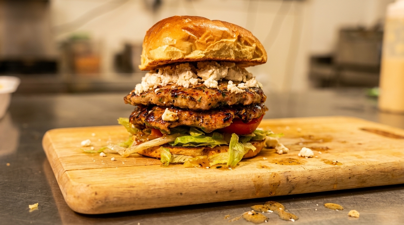 A tall double-patty burger with feta cheese, lettuce, and tomato on a wooden board.