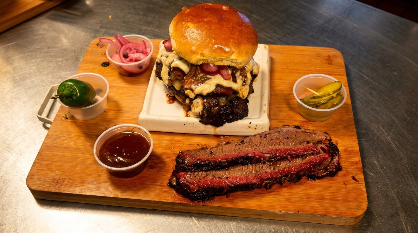 A brisket burger, sliced brisket, and sides of pickles, pickled onions, jalapeño, and BBQ sauce.