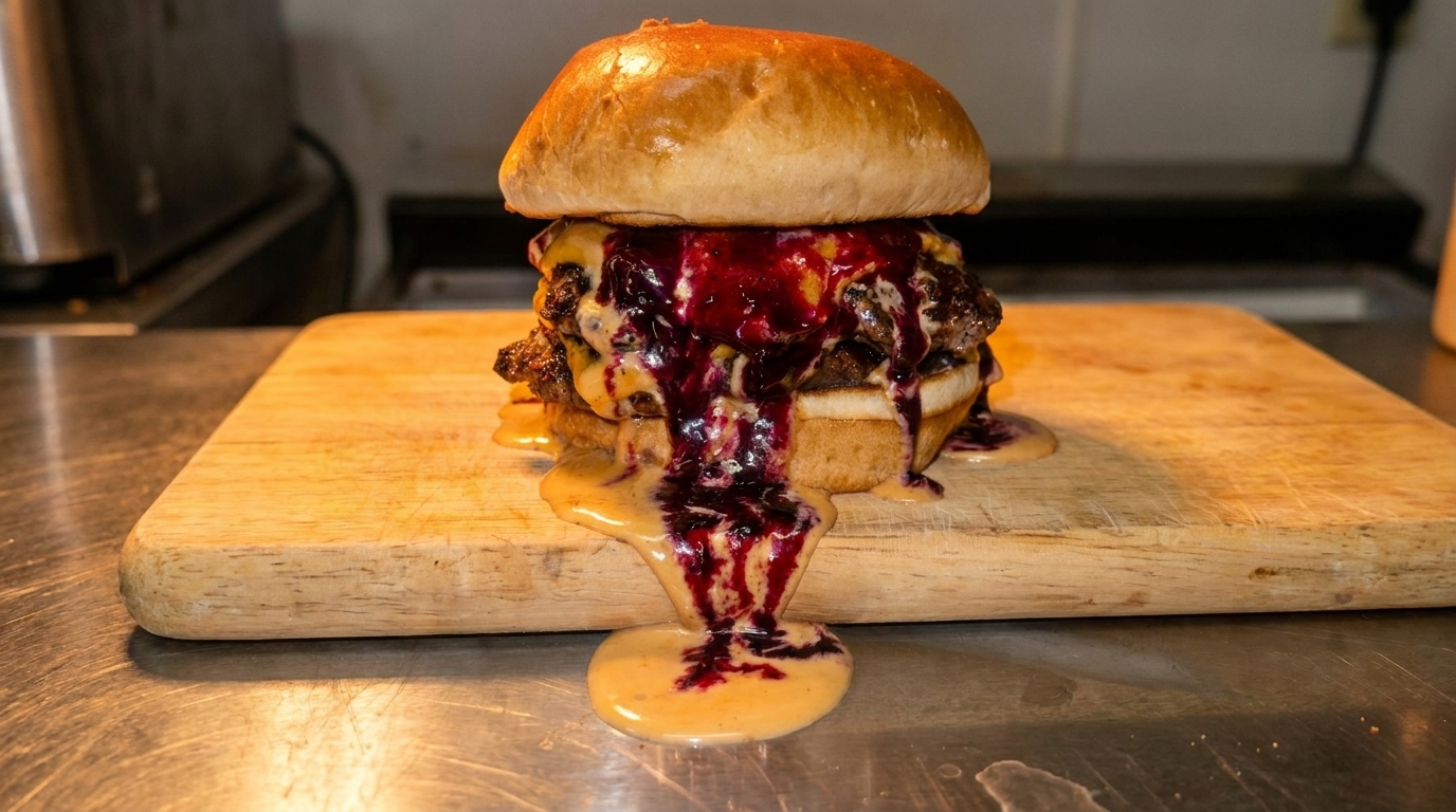 A double smash burger with melted cheese and berry jam oozing onto a wooden cutting board.