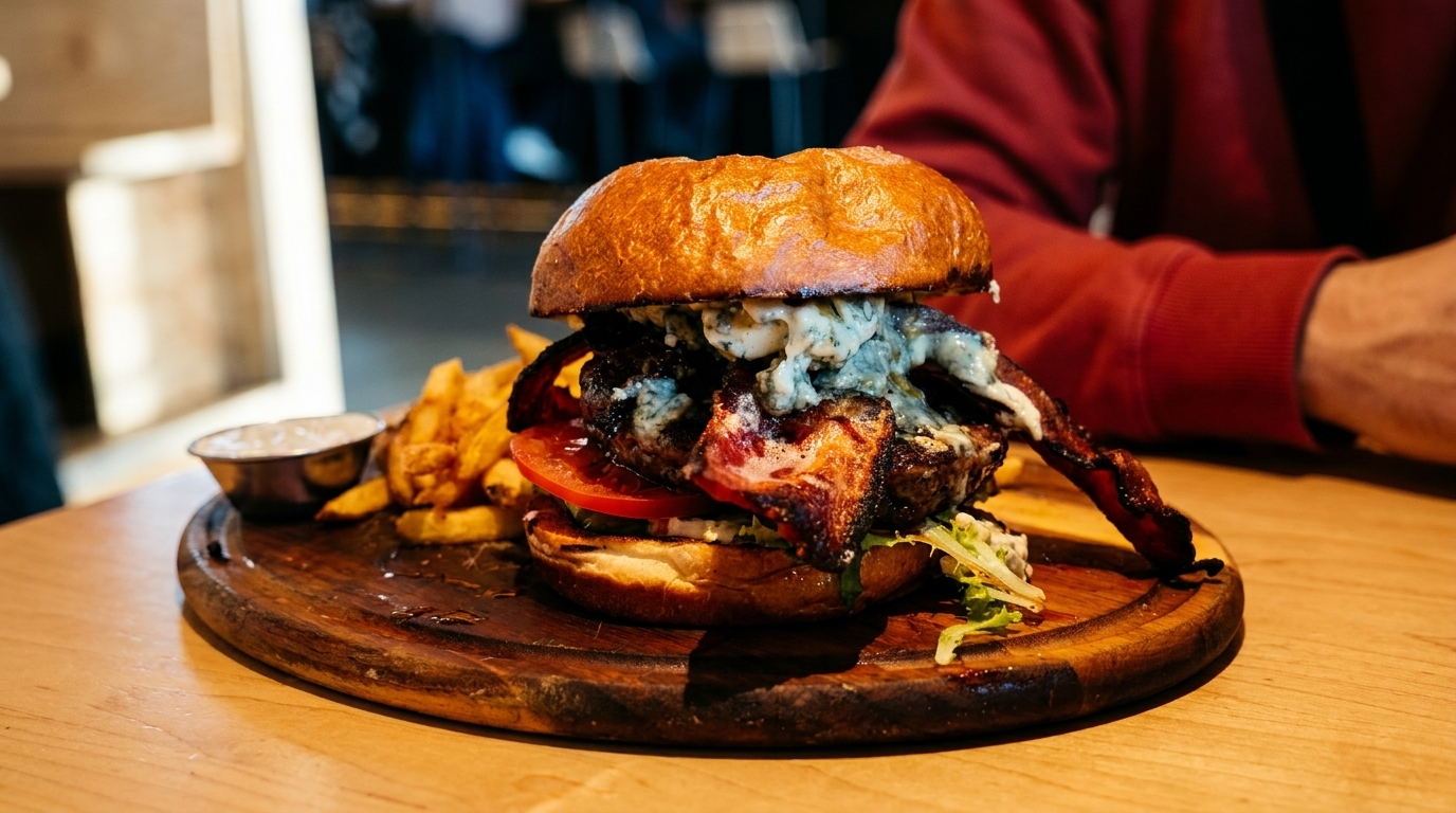 Gourmet burger with blue cheese, bacon, tomato, and lettuce, served with fries on a wooden board.