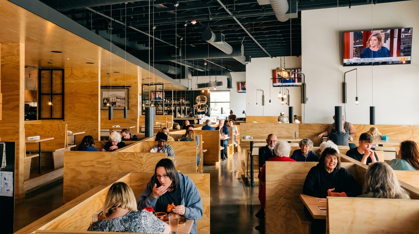 Diners seated in wooden booths and tables inside a modern, spacious restaurant with high ceilings.