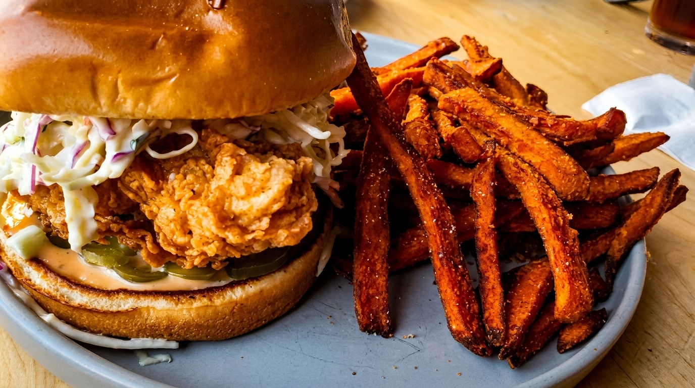 Crispy fried chicken sandwich with coleslaw, pickles, and sauce, served with sweet potato fries.