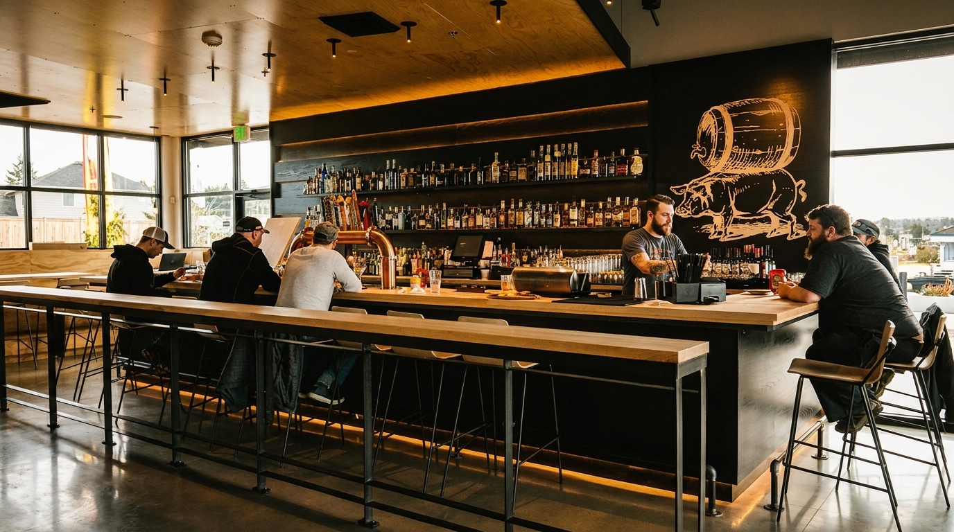 Customers seated at a modern bar with a bartender, liquor shelves, and a pig mural.