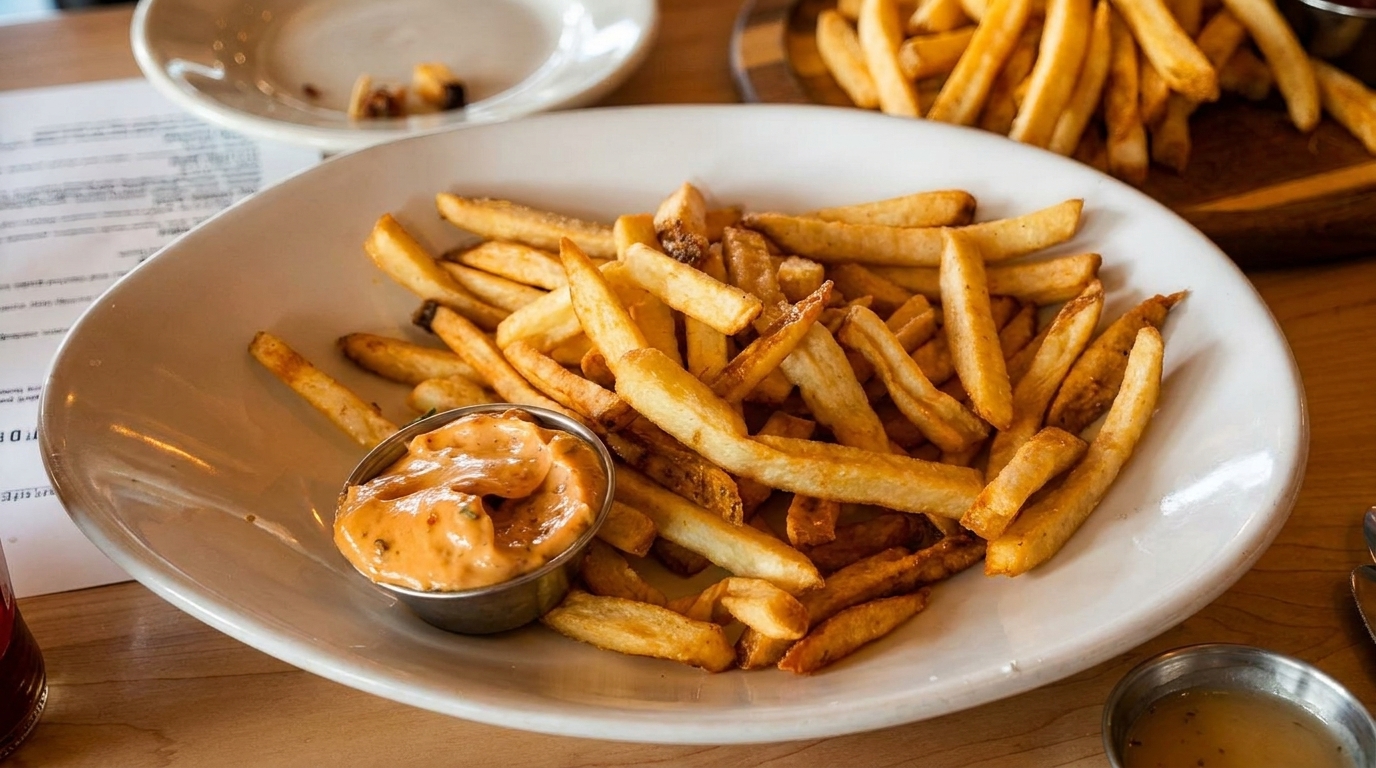 A white plate piled high with golden french fries and a side of creamy dipping sauce.
