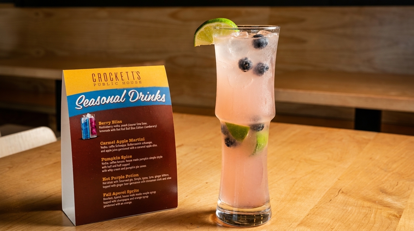 A Crockett's Public House seasonal drinks menu stands next to a Berry Bliss cocktail.