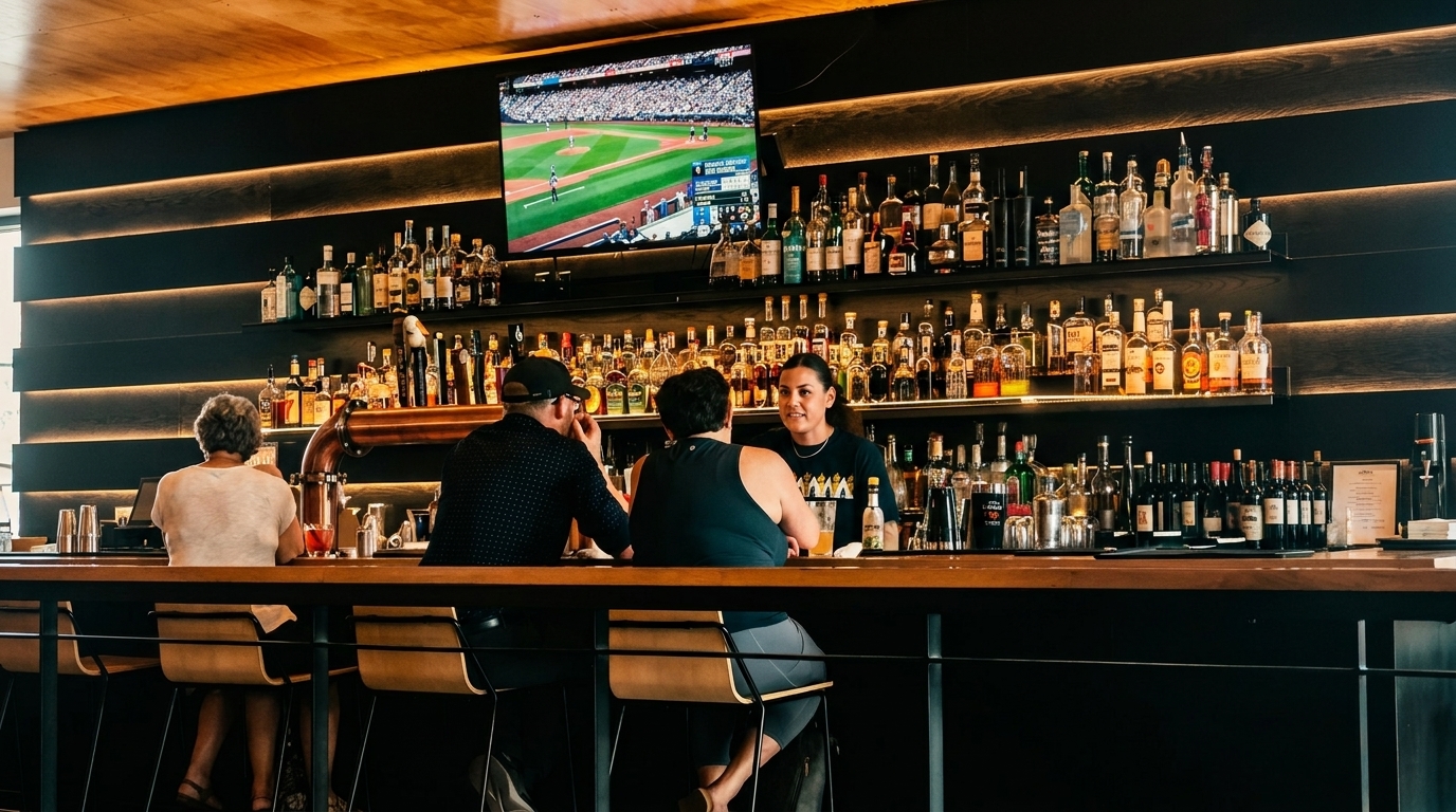 Patrons sit at a well-stocked bar with a bartender, watching baseball on a large TV.