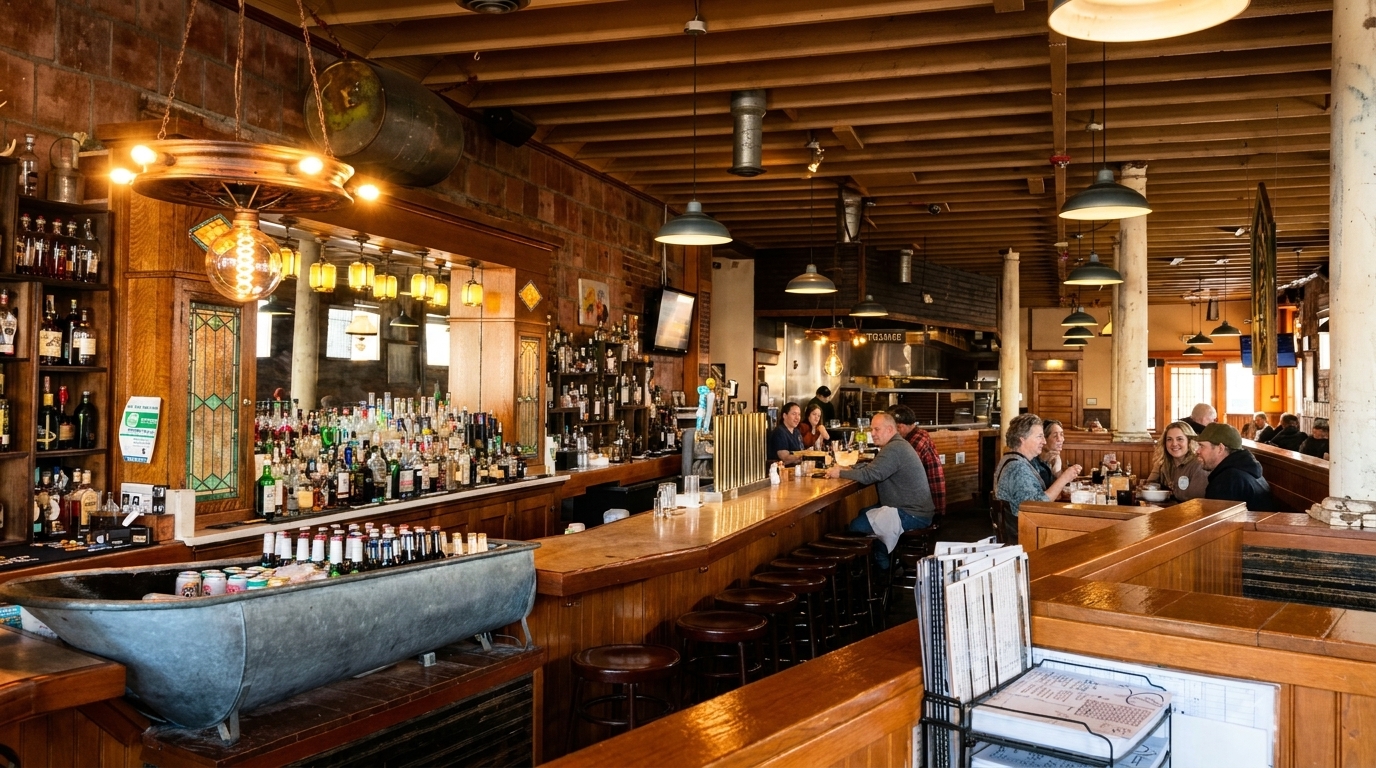 A lively restaurant interior with a long wooden bar, patrons, and bottles of liquor.