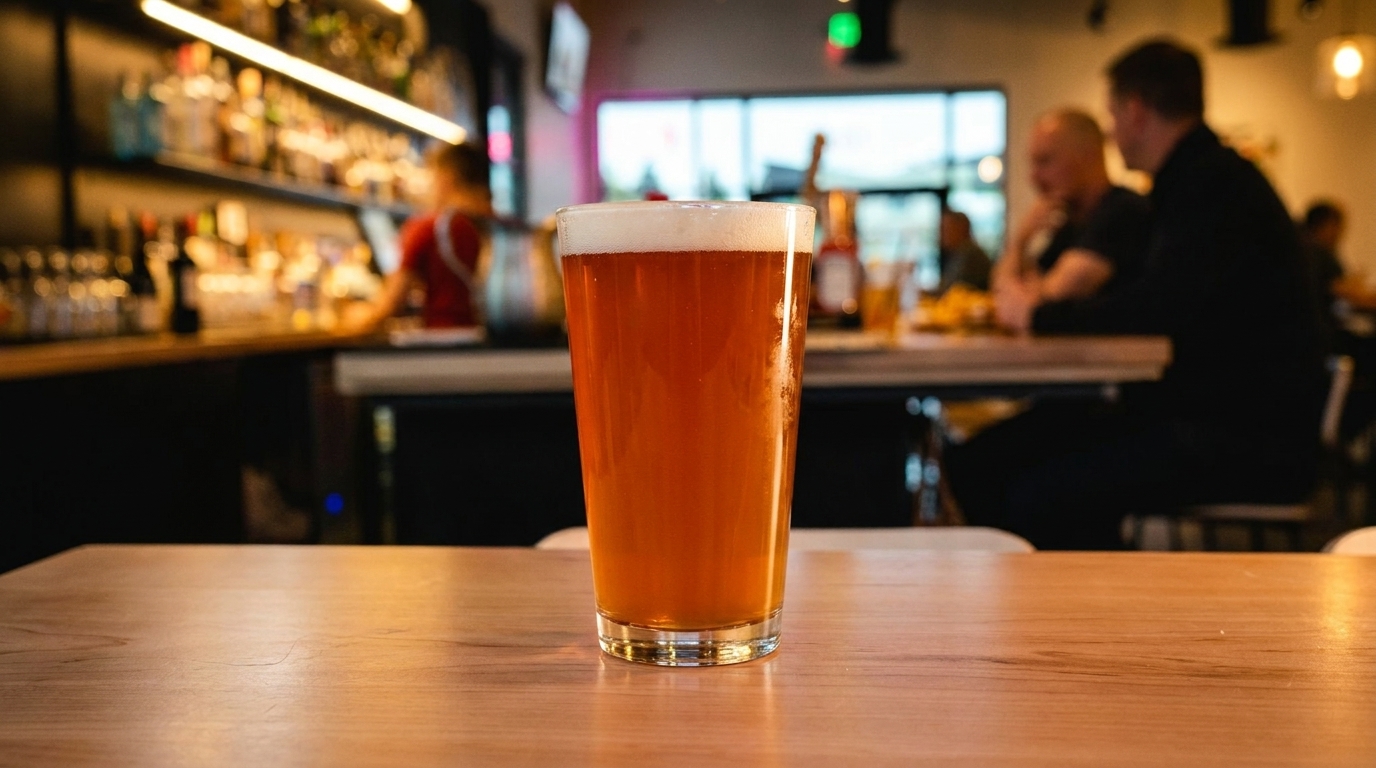 A pint of beer with foam on a wooden table, with a blurred bar and patrons in the background.