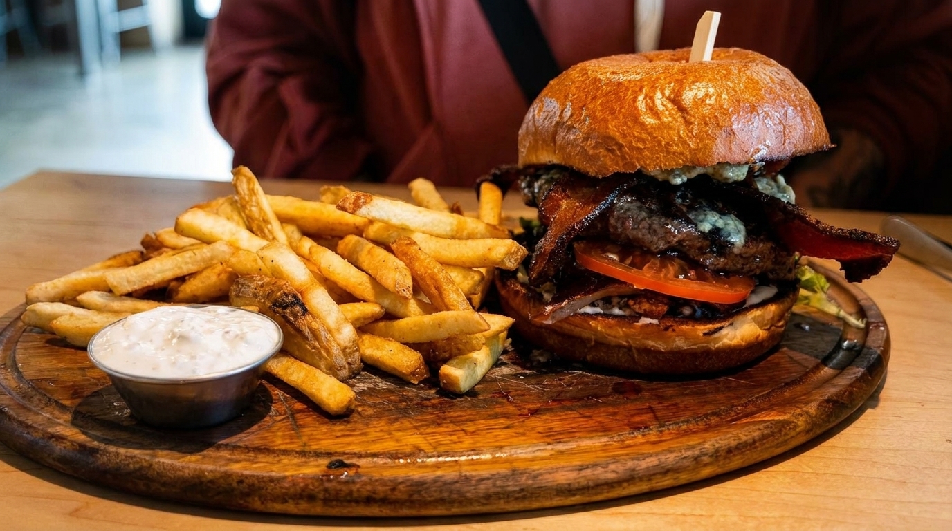 Gourmet bacon cheeseburger with blue cheese, tomato, and lettuce, served with fries and dipping sauce.