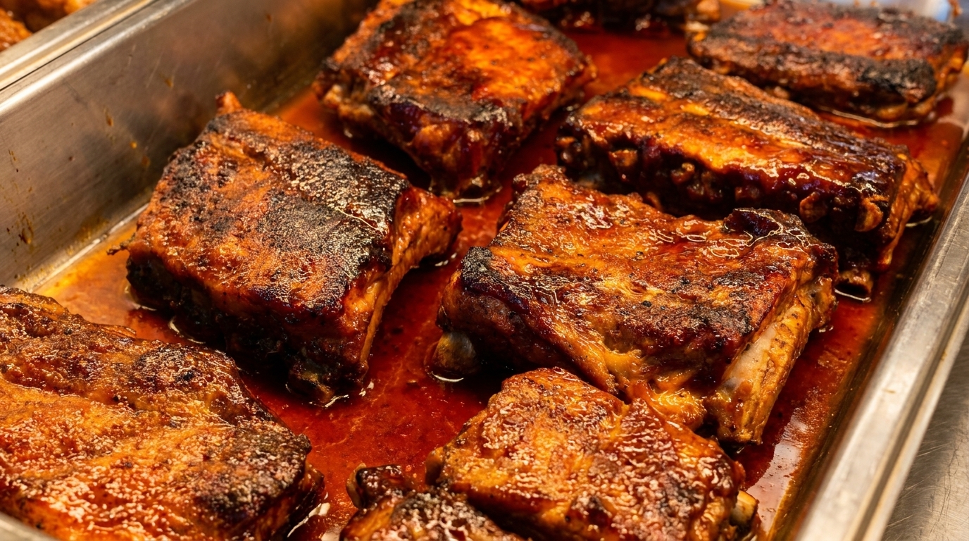 Close-up of several racks of BBQ ribs in a metal pan, glistening with sauce.