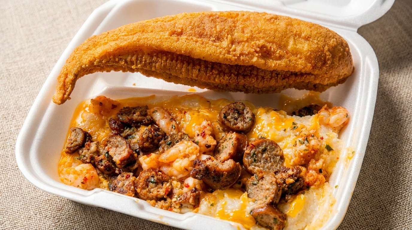 Fried fish fillet, shrimp, and sausage over grits with melted cheese in a white takeout container.