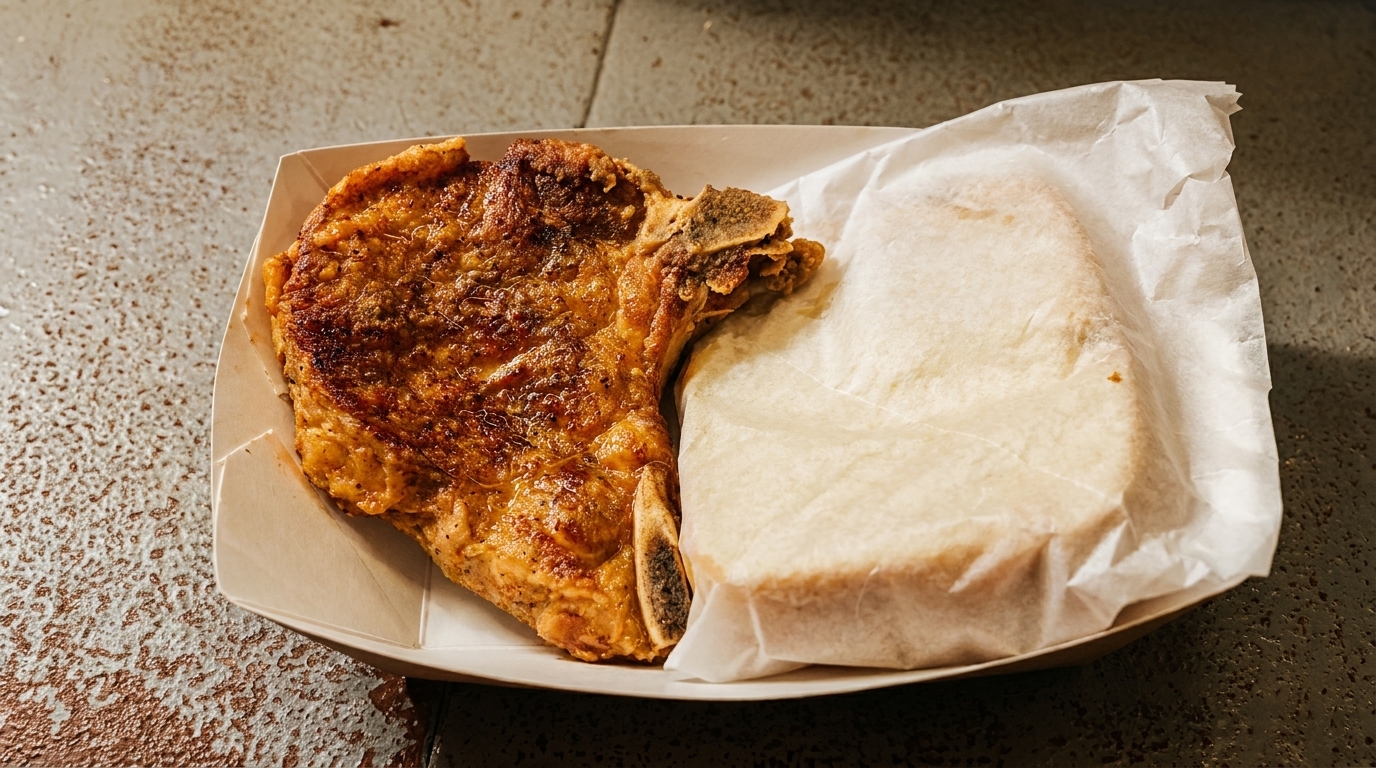 A crispy fried pork chop and a wrapped side dish in a paper container.