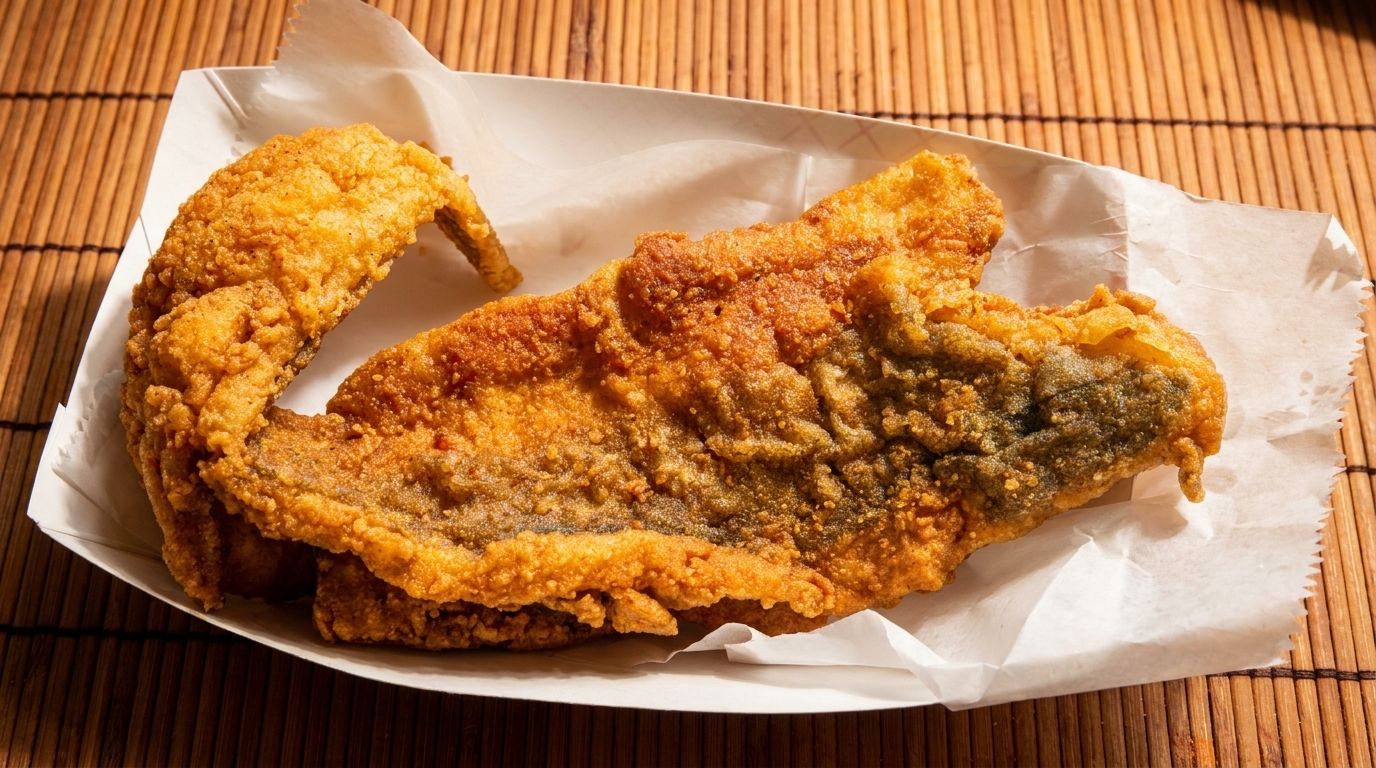 Two pieces of crispy fried fish in a white paper tray on a bamboo mat.