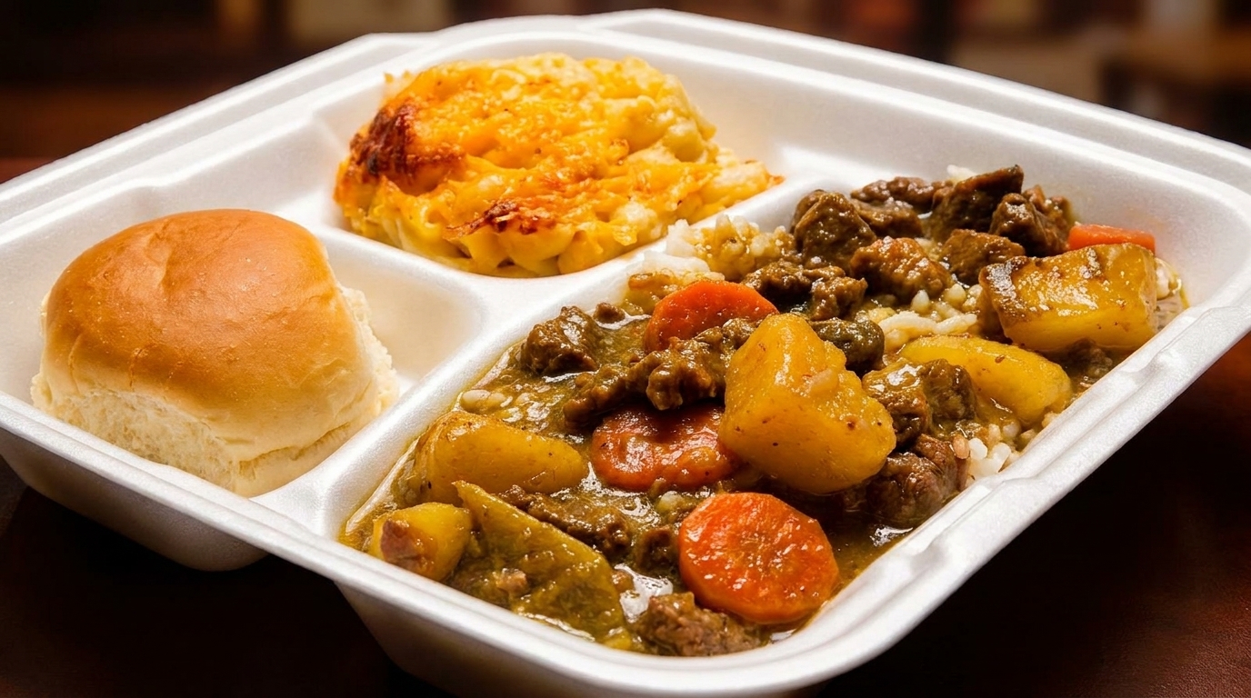 A takeout container with beef stew, rice, mac and cheese, and a dinner roll.