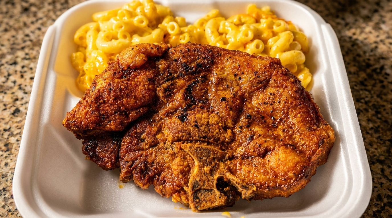 Crispy fried pork chop and creamy macaroni and cheese in a white takeout container.
