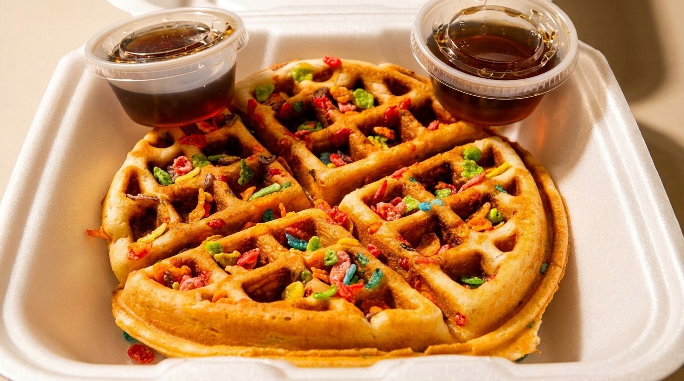 Four waffle quarters topped with colorful cereal and two syrup cups in a white takeout container.