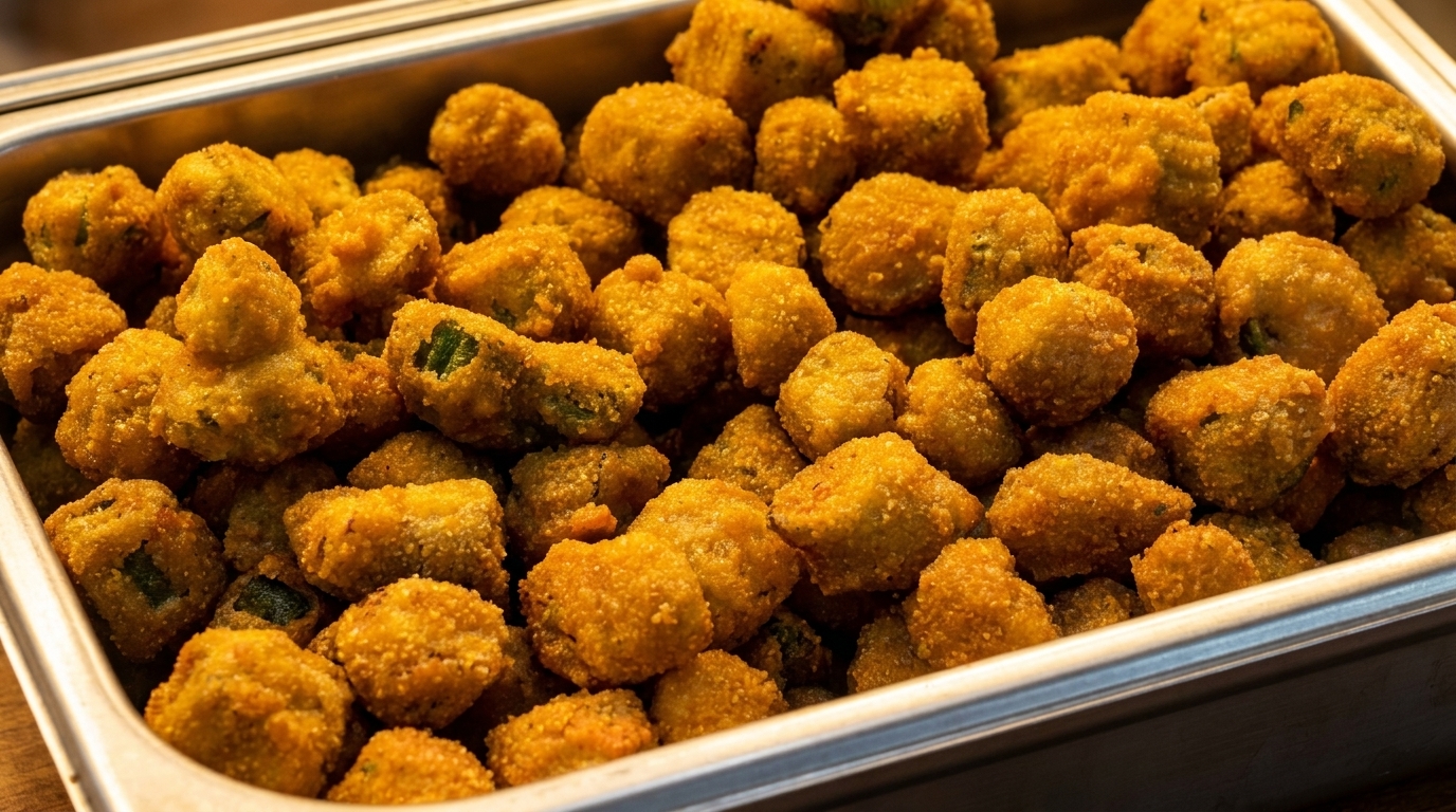Close-up of a metal tray filled with golden-brown, crispy fried okra pieces.