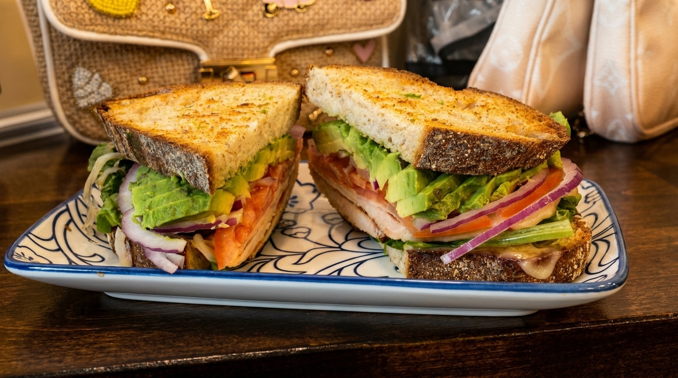 Two halves of a sandwich with avocado, red onion, and tomato on toasted bread.