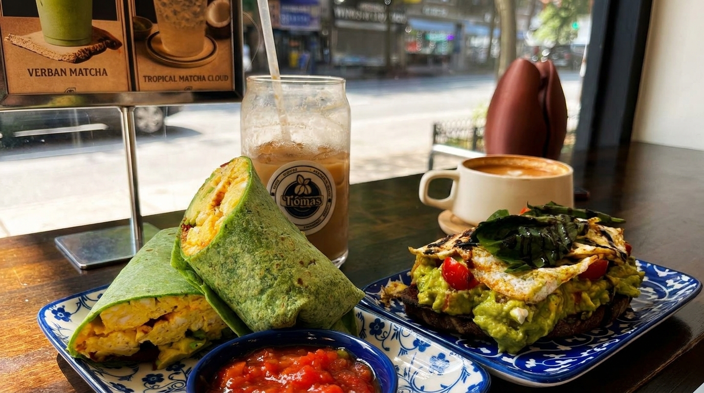 Breakfast burrito, avocado toast, iced coffee, and latte on a table by a window.