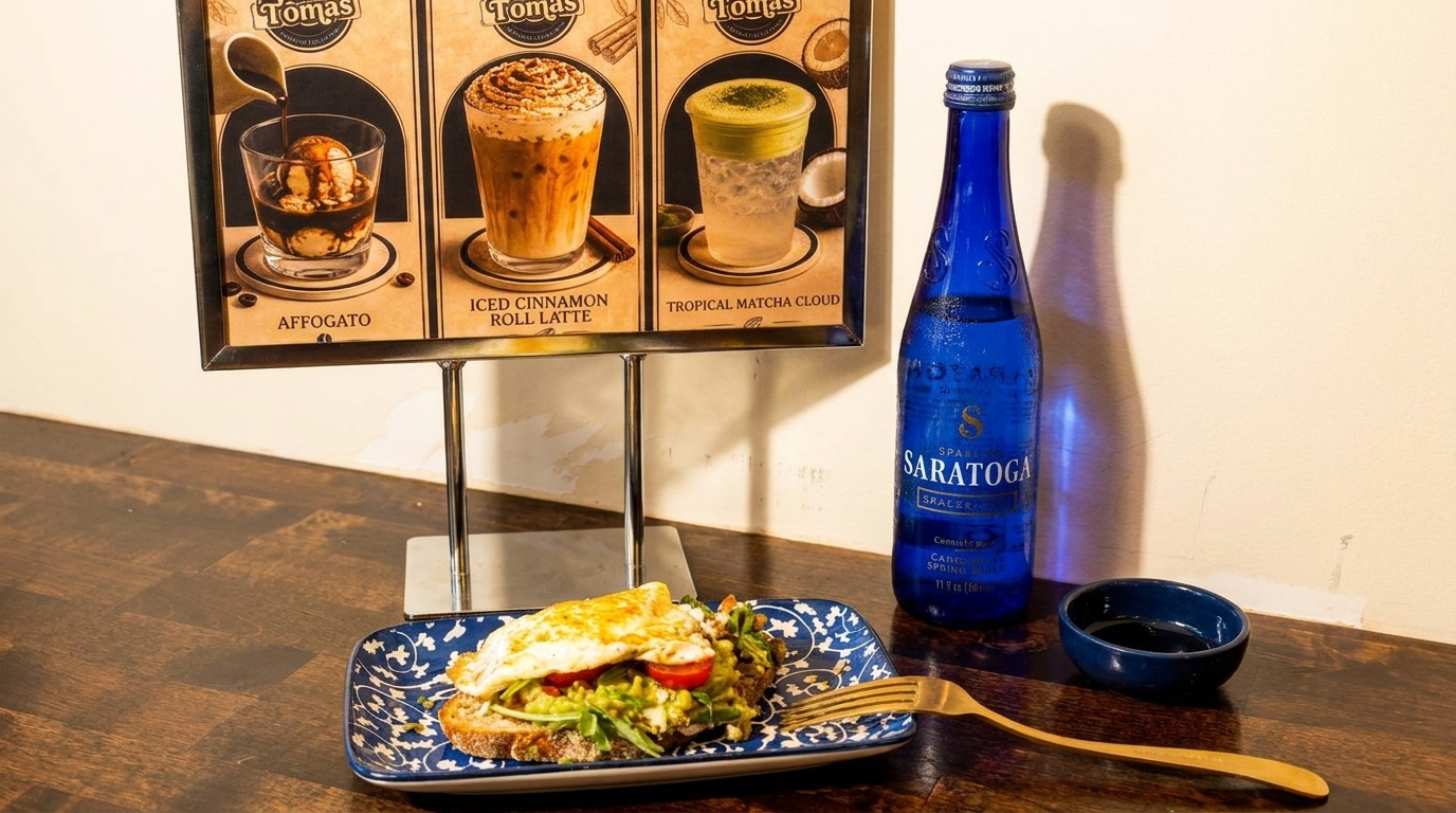 Avocado toast with a fried egg, a blue bottle of Saratoga water, and a menu board.