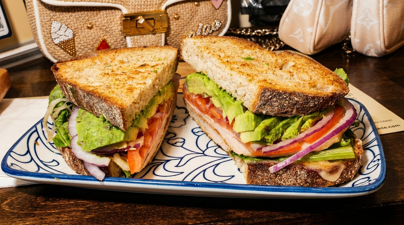 A turkey and avocado sandwich with lettuce, tomato, and red onion on toasted bread.