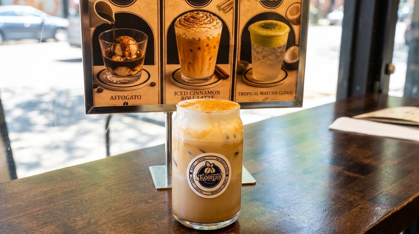 Iced coffee with foam and cinnamon on a wooden table next to a menu board.