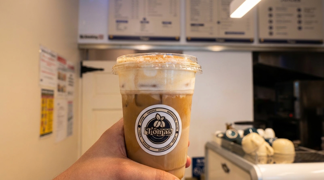 Hand holding a Tomas Coffee iced drink with foam and cinnamon, inside a coffee shop.