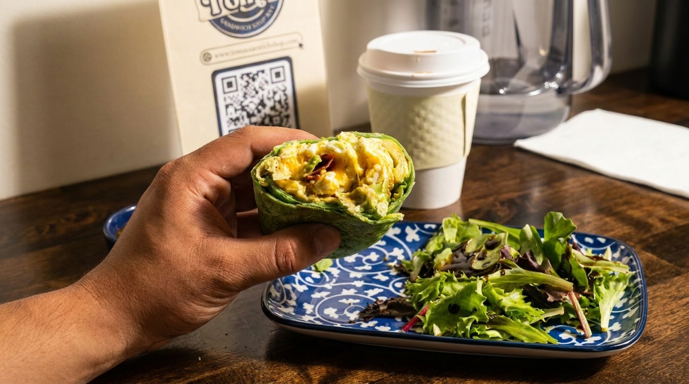 A hand holds a green wrap filled with eggs and bacon, next to a side salad and coffee.
