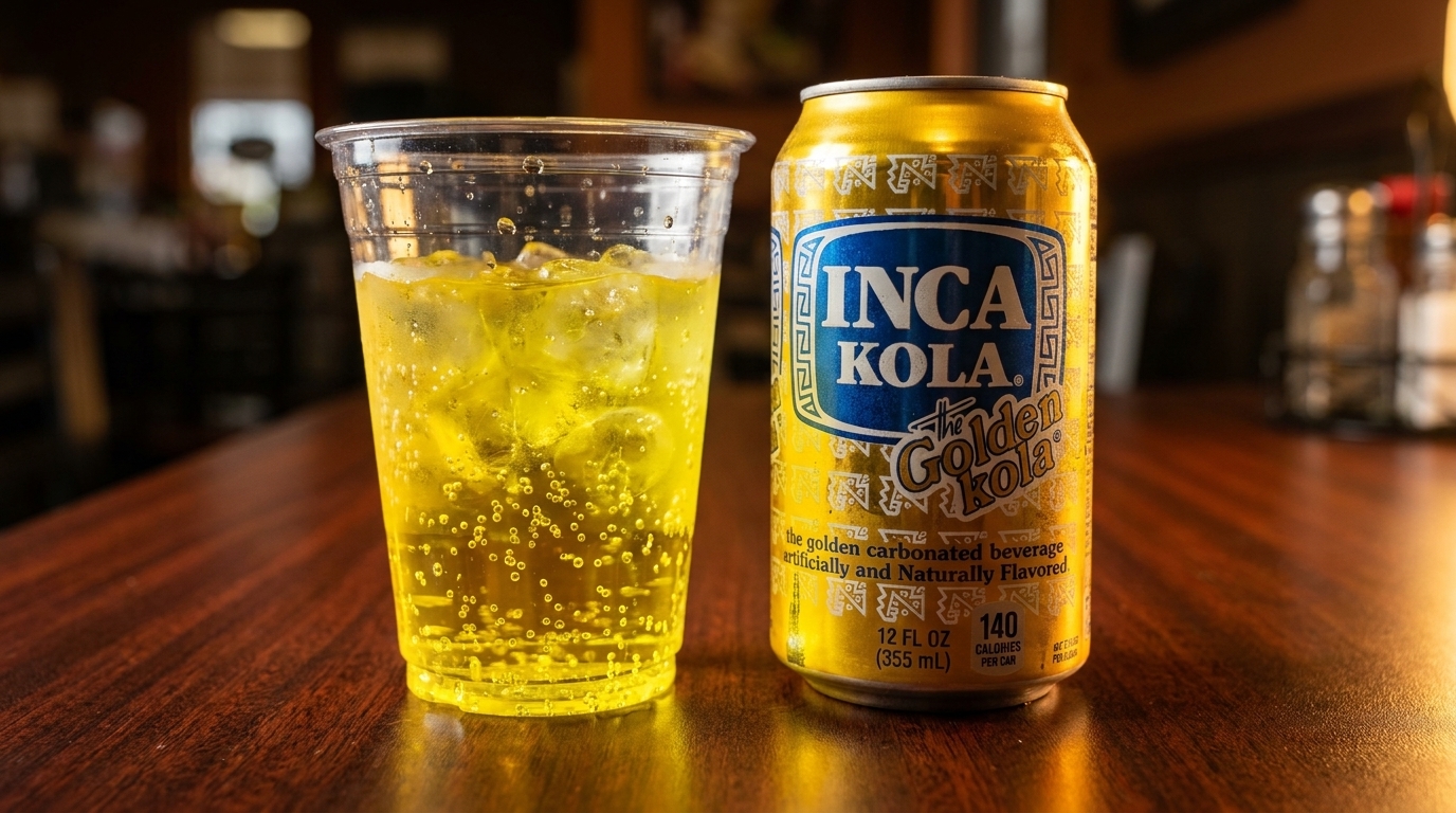 An Inca Kola can next to a plastic cup filled with the golden carbonated beverage and ice.