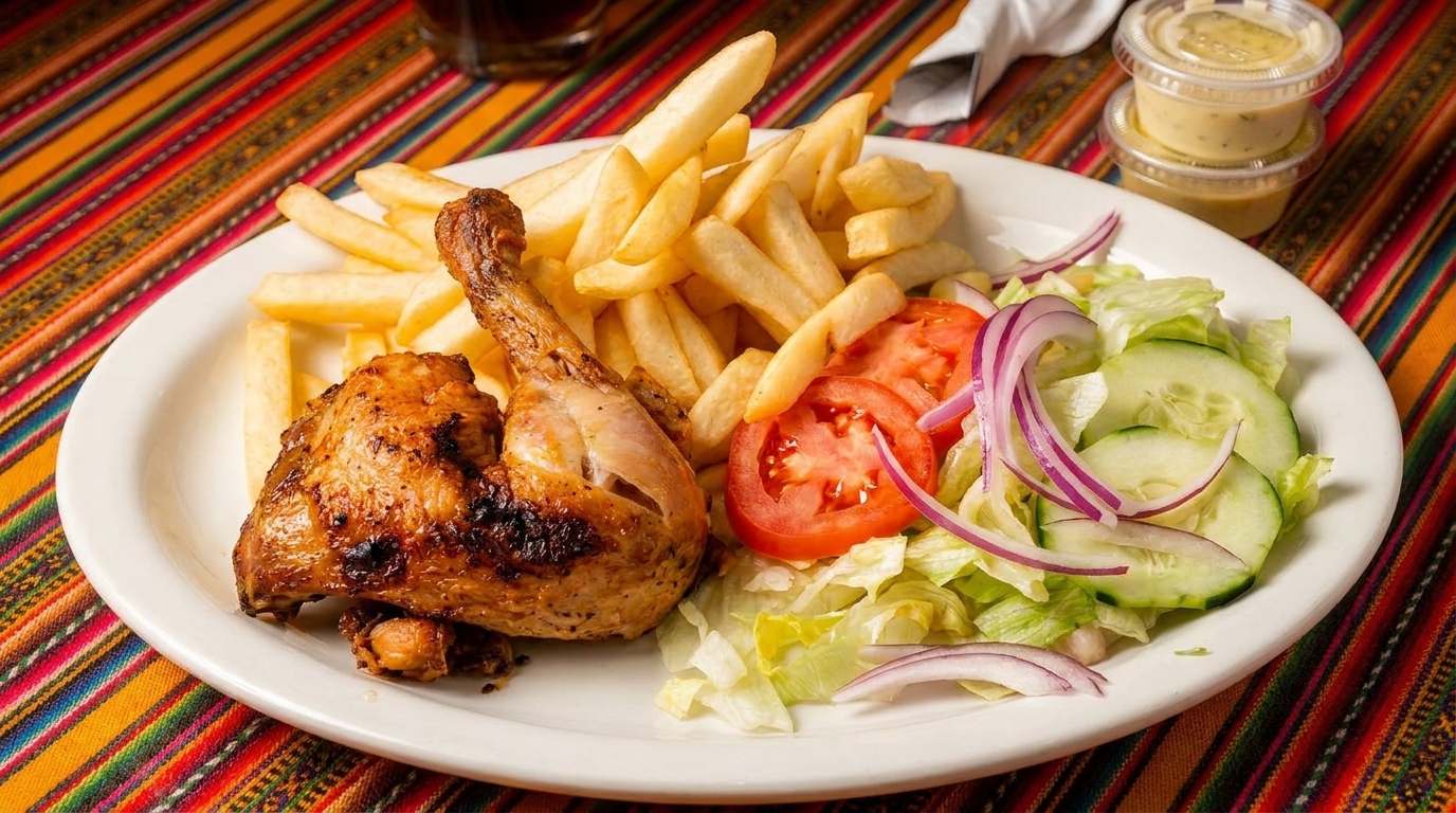 Grilled chicken leg and thigh with french fries and a side salad on a white plate.