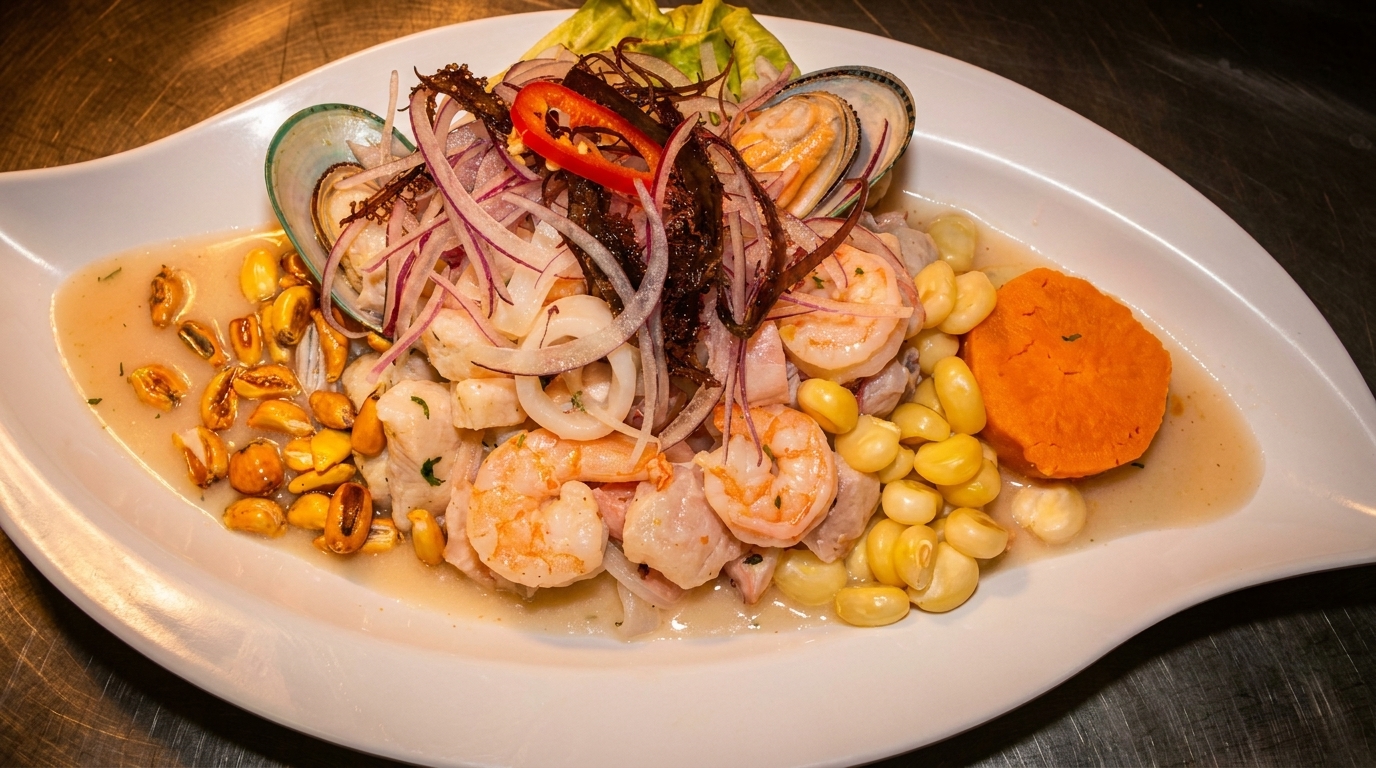 Peruvian ceviche with shrimp, mussels, fish, red onion, corn, and sweet potato on a white plate.